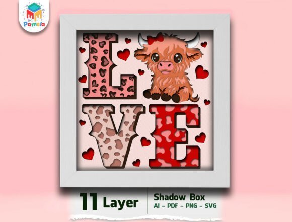 LOVE Highland Cow Shadow Box 139025613 Creativo Digital
