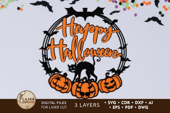 Corona De Halloween Con Gato Negro Creativo Digital