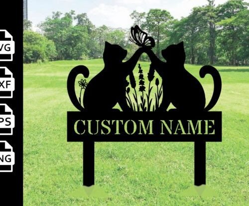 Letrero De Metal Personalizado Con Estacas Para Jardin Con Diseno De Gato Creativo Digital