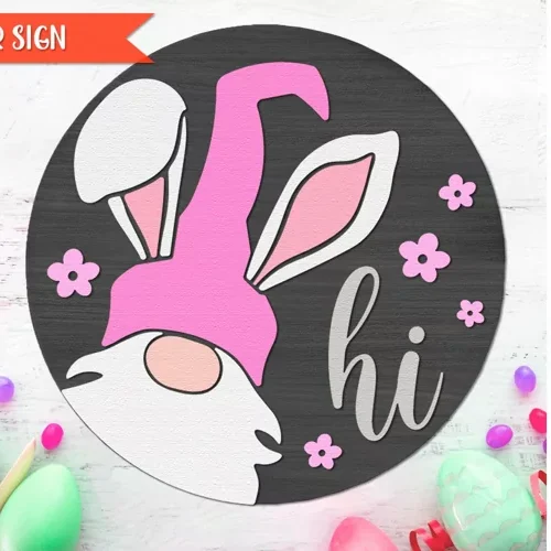 Hola Pascua Letrero De Puerta En Capas Orejas De Conejo De Gnomo Creativo Digital